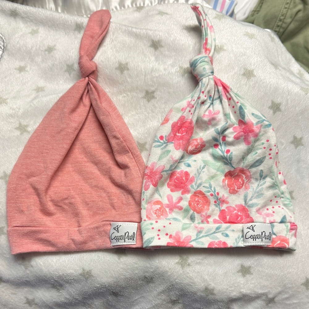 Copper Pearl- Pink and Floral Baby Knot Hats